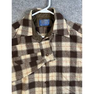 Pendleton VTG Mens Wool Flannel Shirt Brown Plaid Button Down Size M USA See Pic